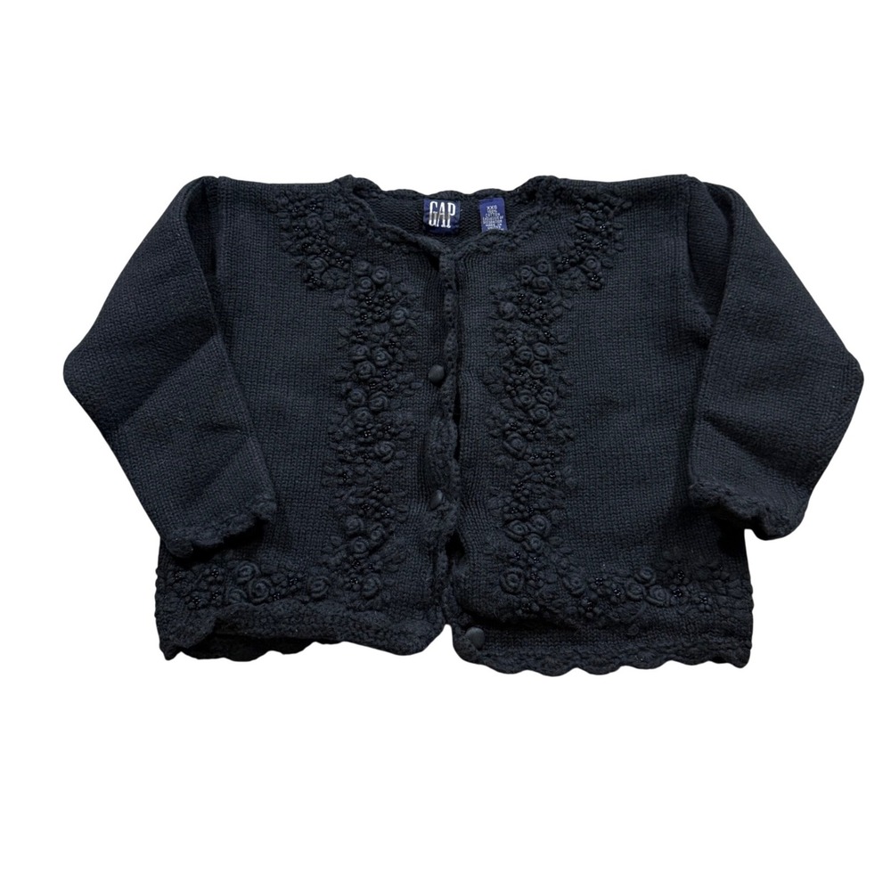 Vintage Kids Gap Black Floral Beaded Embroidered Cardigan Sweater Victorian XXS
